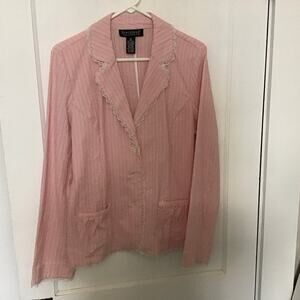 Dialogue Pink & White Stripe Seersucker Blazer with Lace Trim Cotton Blend 14